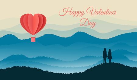 Happy valentines day. Silhouette of lovers standing together. Vector illustration with paper cut red heart shape origami made hot air balloons flying in sky background.のイラスト素材