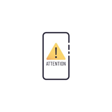 Outline icon of vector smartphone with attention and warning sign. Exclamation yellow marks in the shapes of a triangleのイラスト素材