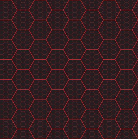 Abstract dark seamless pattern of the hexagonal red neon netting. Luminous particles. Futuristic texture. Geometric, modern, technology vector illustration background from the 70 80s style art lineのイラスト素材