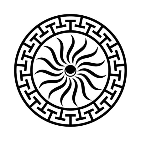 Greek circle ornament with sun rays and moon. Round greece icon with black maze frame. Ethnic vector illustration. Meander antique ring with insignia relief of ancient goddessのイラスト素材