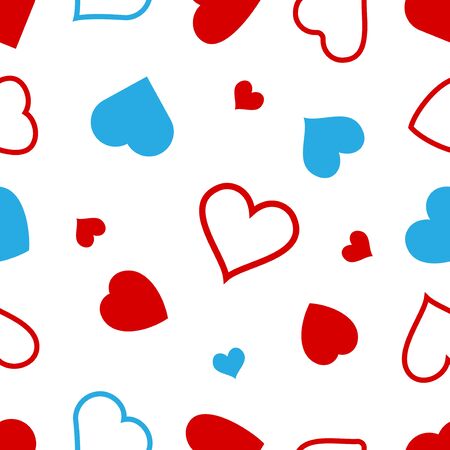 Hearts icon seamless pattern. Outline love vector signs isolated on a background. Red and blue...