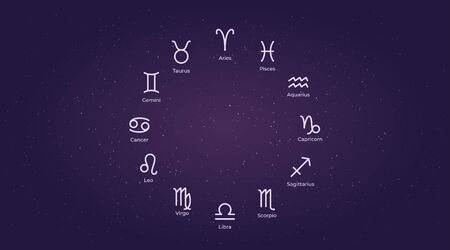 Horoscope zodiac signs. Astrological vector pictogram symbols. Simple set of outline icons on a space background.のイラスト素材