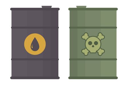 Vector flat style steel barrel of oil drop and skull and bones icons. Crossbones sign. Hazardous industrial waste in the container. Radiation and toxicity. Hazard danger symbol for infographicsのイラスト素材