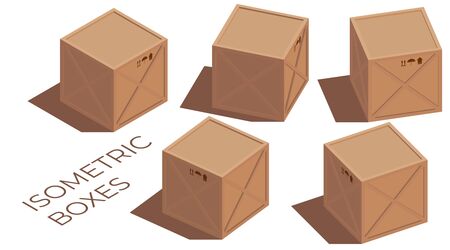 Isometric illustration of a vector cargo 3d brown wooden and cardboard boxes with transportation symbols. Turned to the sideのイラスト素材