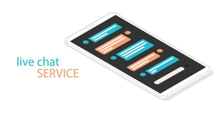 Live chat service. Isometric vector illustration. Realistic white outline smartphone. 3d model of phone with sms message bubbles. Social flat network interface. Vector web media live illustrationのイラスト素材