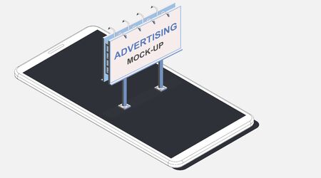 Isometric vector advertising mock-up. Realistic white outline smartphone with street billboard. 3d model of phone. Internet media illustration, marketing web site template, landing page backgroundのイラスト素材