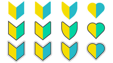 Japanese symbol for beginner new drivers. A yellow blue and green shield symbol, called a Shoshinsha Markのイラスト素材