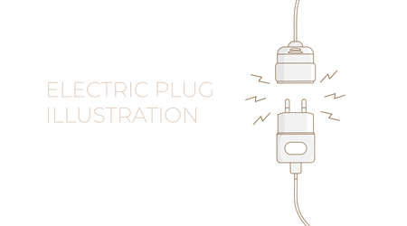 Electric plug. Vector flat outline illustration. Concept background plug and socket unplugged with lightning. Template for website technical page or web banner.のイラスト素材
