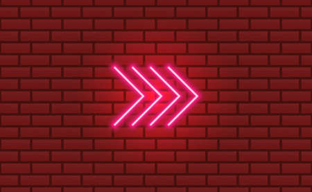 Four neon glow arrows pointing direction right. Light pink icon on a night red brick wall background. Vintage retro vector signの写真素材