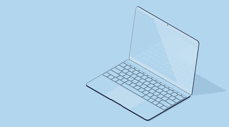 Vector 3d laptop on a blue background. Notebook with mirrored screen keyboard. Isometric illustrationのイラスト素材