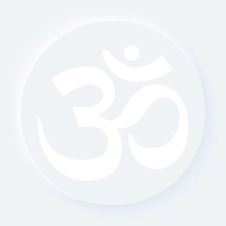 Bright white speritual yoga chakra button. Sahasrara Om meditation symbol on a background. Neumorphic soft effect icon. Shaped figure in trendy 3D style. Circle ellipseのイラスト素材