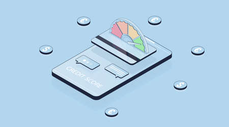 Credit score. Isometric 3d vector illustration. Online banking. Customer satisfaction indicators levels. Accelerate rating illustration. Dollar and euro coinsのイラスト素材