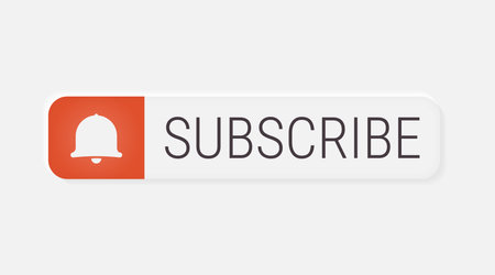 Subscribe. Small red subscription bell icon. Bright white gradient vector button. Neumorphic soft 3d effect. Social media, video channel illustrationのイラスト素材