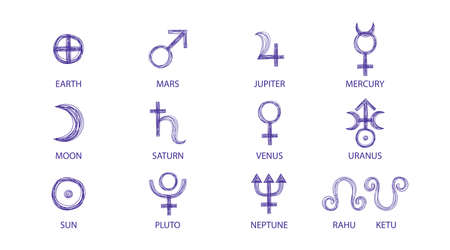Solar planet signs hand drawn with blue pen. Vector astrological planetary symbols set. Sun earth moon mars saturn venus jupiter rahu ketuのイラスト素材