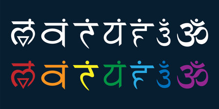 Colored reiki icons. Chakras set: muladhara, swadhisthana, manipura, anahata, vishuddha, ajna, sahasrara. Vector symbols. Om signs isolated on a background. EPS 10 Vector illustrationのイラスト素材