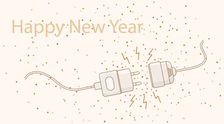Happy new year. Electric plug. Vector flat outline illustration. Concept background plug and socket unplugged with lightning and explosion glitters tinsel confetti. Christmas template for websiteのイラスト素材