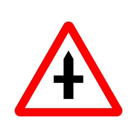 Vector red triangle traffic attention sign. Warning crossroads ahead traffic symbolのイラスト素材