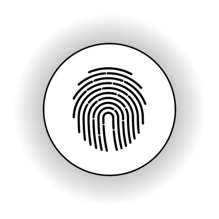 Vector outline fingerprint icon. Single thumbprint hand sign with dashed line. Biometric identity scanのイラスト素材