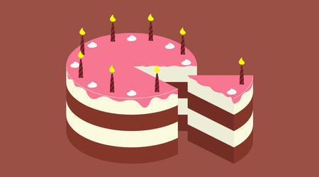 Birthday isometric cake. Isometry puff cake with candles and cream flowers. Chocolate piece and...