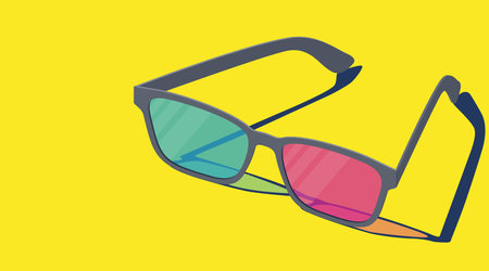 3D realistic eyeglasses with red and blue lenses. Vector isometric illustration for home film movie and cinema on a yellow background.のイラスト素材