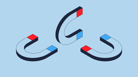 Different options for the direction of the magnet. Isometric blue 3d vector illustrationのイラスト素材