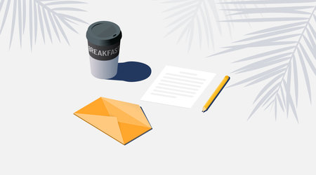Letter with pencil. Isometric vector illustration. 3d letter icon mail message. Coffee paper cupのイラスト素材