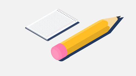 Isometric vector illustration. Spiral notepad and yellow pencil. A sheet of paper in a line.のイラスト素材