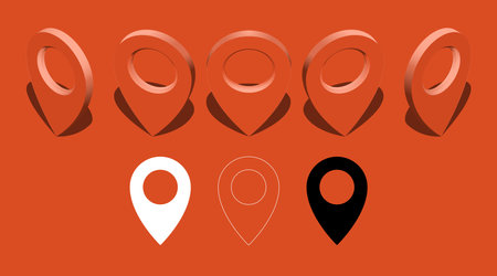 Pin location gps icon with shadow and glow. Isometric marker red white black shape element. Set of direction variations. Map navigation place vector symbol. Position pointer sign.のイラスト素材