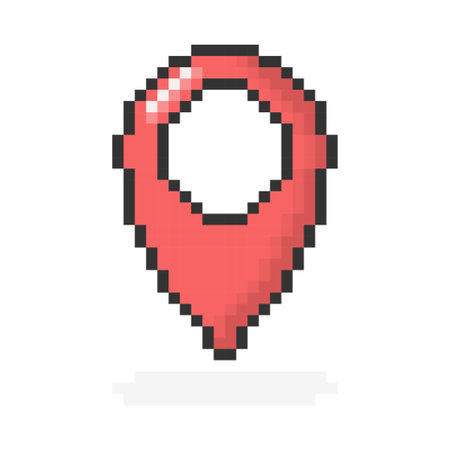 8bit pixel vector red pin location gps icon. Geometric marker flat shape element.のイラスト素材