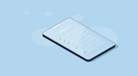 Isometric 3d vector illustration. Smartphone screen with questionnaire checklist on blue background. Isometry online feedback. Education exam formのイラスト素材