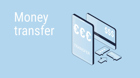 Isometric 3d vector illustration. Money transfer from a smartphone to a bank plastic card. Online banking.のイラスト素材