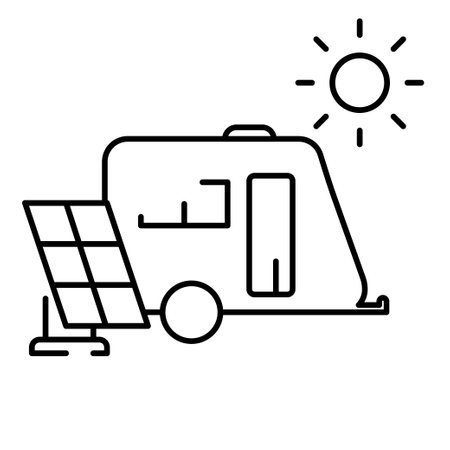 Eco-friendly motorhome vector outline icon. Solar panel with van caravan. Renewable energy camper rv. Vanlifeのイラスト素材