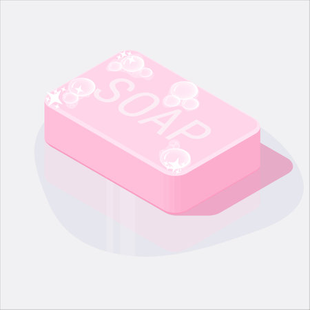 Vector pink wash toilet hand soap bar with bubbles, shine and reflection. Cleanliness and health concept. Isometric 3d icon illustration.のイラスト素材