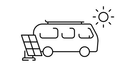 Eco-friendly motorhome vector outline icon. Solar panel with van bus. Renewable energy camper rv. Vanlifeのイラスト素材