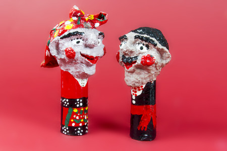 handicraft, craftwork, workmanship, couple, pair, twosome, couplet, bighead, red background