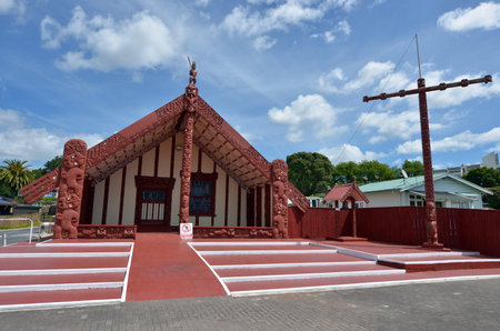 ROTORUA, NZL - JAN 11 2015:Te Papaiouru Marae in, Rotorua, New Zealand.It's one of the most important meeting houses in New Zeland  many significant people have been welcomed onto Te Papaiouru Marae, including British royalty.のeditorial素材