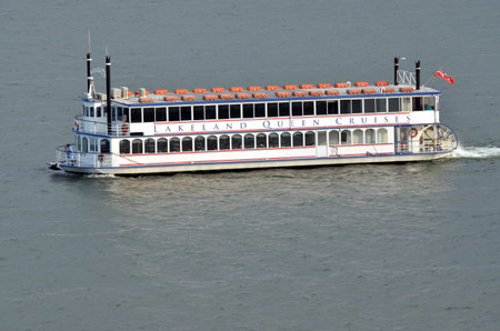 ROTORUA, NZL - JAN 12 2015:Lakeland Queen cruise over Lake Rotorua, New Zealand.It's a modernized replica of a Mississippi River paddlewheel steamboat.のeditorial素材