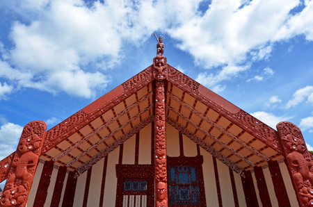 ROTORUA, NZL - JAN 11 2015:Te Papaiouru Marae in, Rotorua, New Zealand.It's one of the most important meeting houses in New Zeland  many significant people have been welcomed onto Te Papaiouru Marae, including British royalty.のeditorial素材