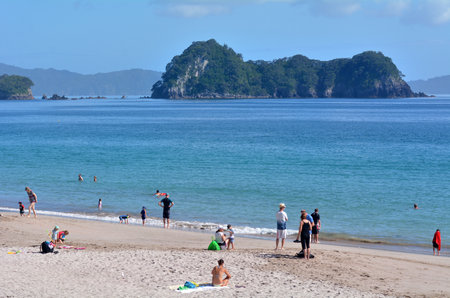 HAHEI, NZL - Jan 20 2015:Visitors in Hahei beach.The area is very popular tourists travel destination in New Zealand and receives around 150,000 visitors per year.のeditorial素材