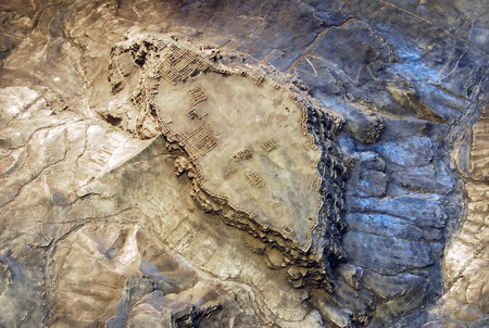 Aerial view of Masada stronghold Model in Masada, Judea Desert, Israel.