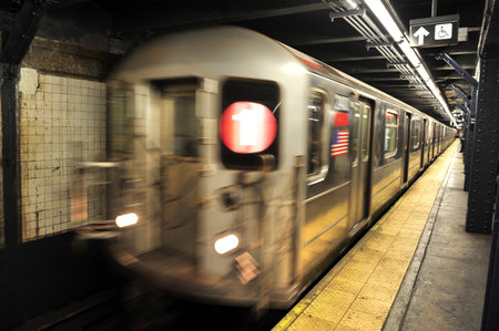 New York subway underground metro train in Manhattan New York, USA.のeditorial素材