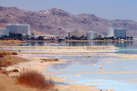 View of Ein Bokek hotels along the  Dead Sea coastline. Israel.の写真素材