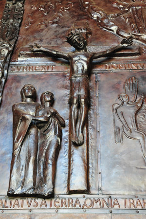 Statue of Mary, Joseph and jesus at the Basilica of the Annunciation in Nazareth, Israel.のeditorial素材