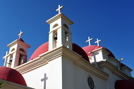 Outside the church in Capernaum or Kfar Nahum, a settlement on the shore of the Sea of Galilee.の写真素材