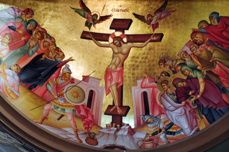 Inside the church in Capernaum or Kfar Nahum, a settlement on the shore of the Sea of Galilee.のeditorial素材