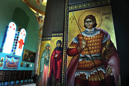 Inside the church in Capernaum or Kfar Nahum, a settlement on the shore of the Sea of Galilee.のeditorial素材