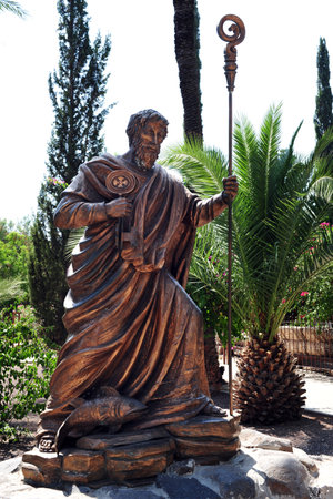A statue outside the church in Capernaum or Kfar Nahum, a settlement on the shore of the Sea of Galilee.のeditorial素材