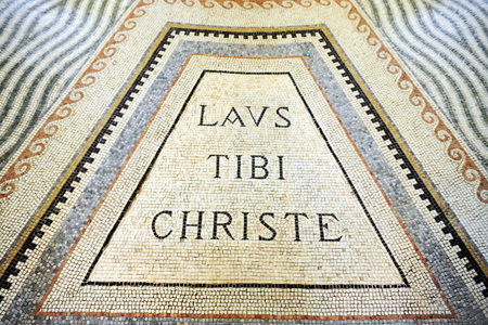 Mosaic on the floor of the Church of the Primacy of St. Peter, a Christian site in Tabgha on the shore of the Sea of Galilee.のeditorial素材