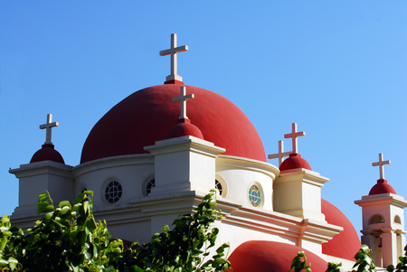 Outside the church in Capernaum or Kfar Nahum, a settlement on the shore of the Sea of Galilee.の写真素材