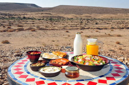Traditional Israeli breakfast in Zimmers and country lodging in the Negev Desert.の写真素材